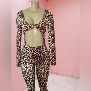 Leopard Print Cut-Out Long Sleeve Jumpsuit  Size M